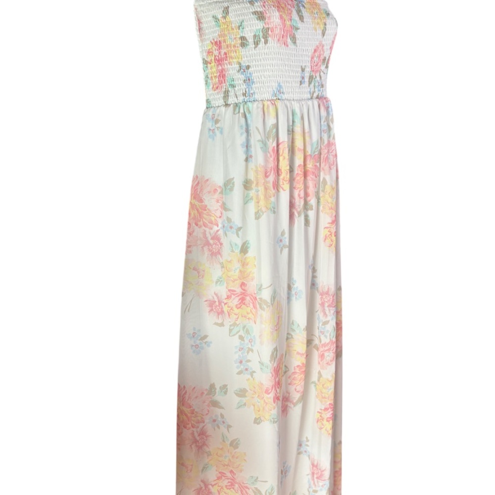 Old Navy strapless smocked tube maxi dress white fabric pink yellow floral print - Picture 4 of 7